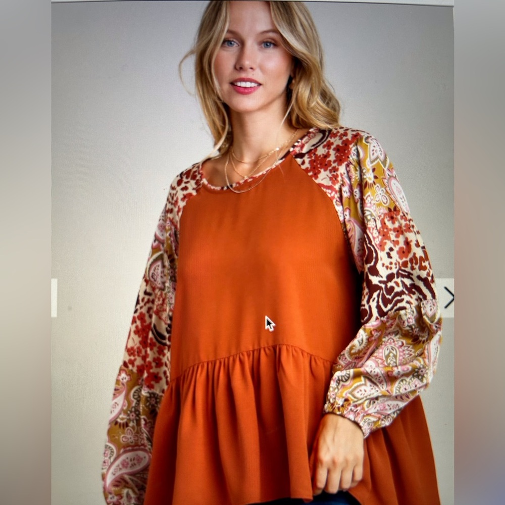Umgee Rust Orange Peasant Blouse with Paisley Print Sleeves